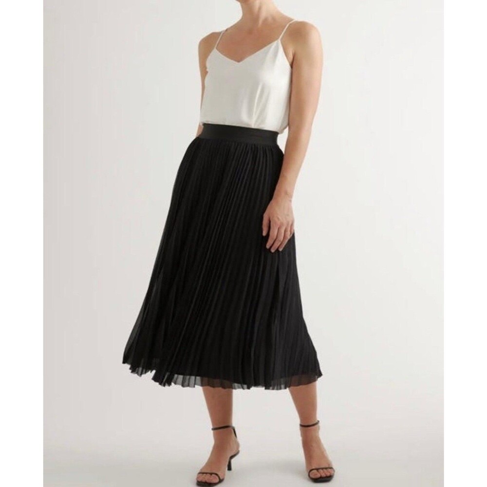 Quince Chiffon Pleated Midi Skirt Black Elastic Waist XS NWT Office Career Work